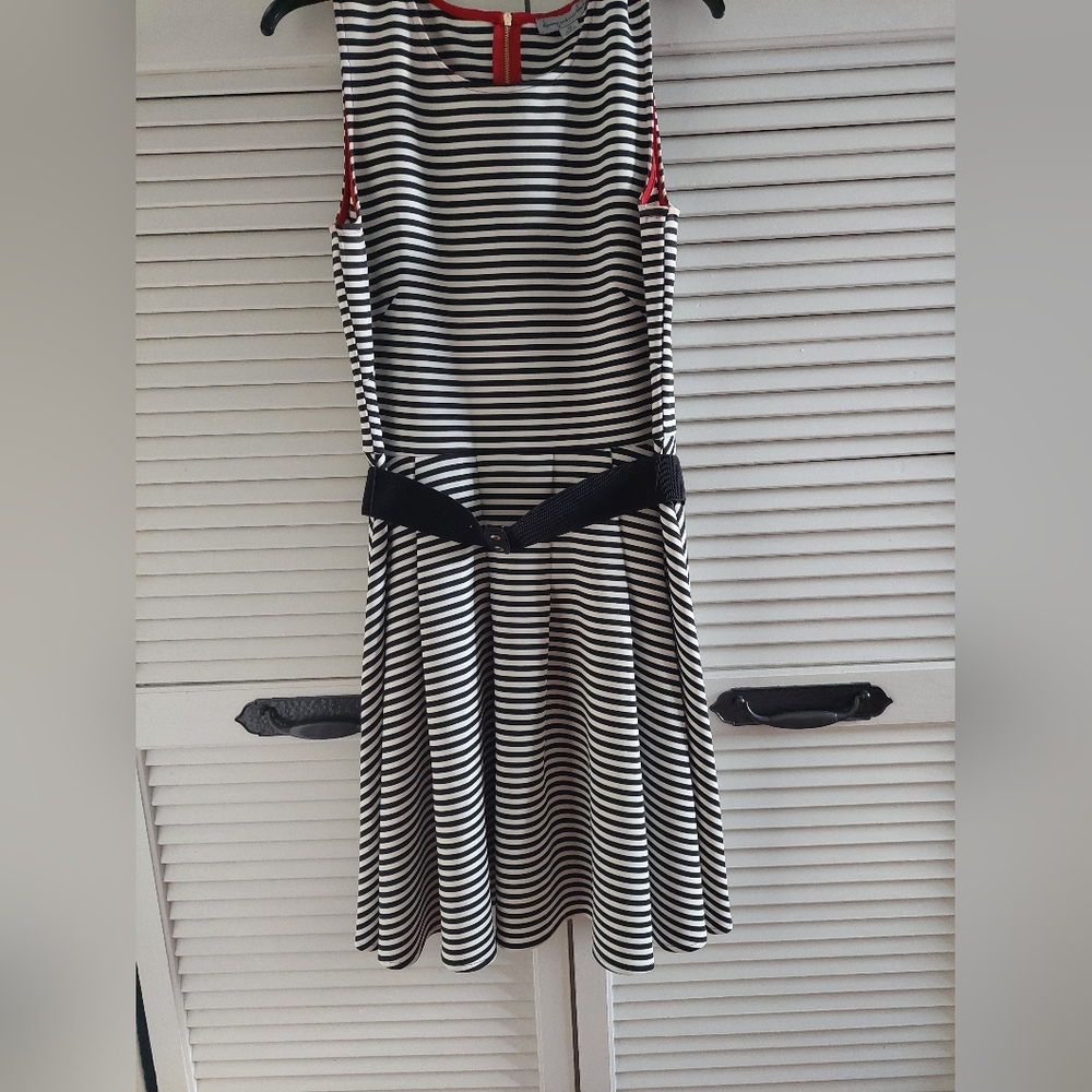 Danny & Nicole Black and White Striped Dress with Red Accents-12